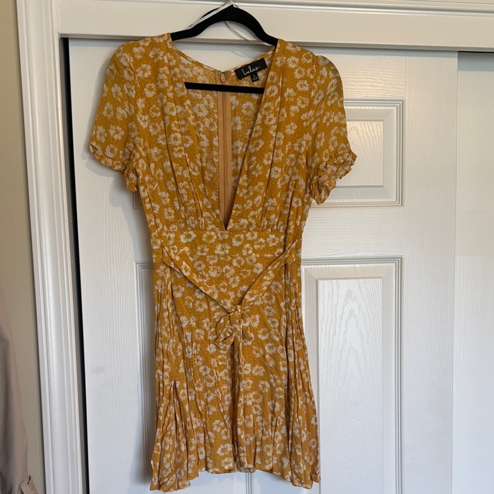 Lulu's Yellow Wrap Drss with Flutter Sleeves